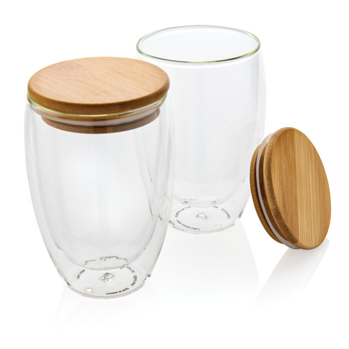 Set de 2 Verres double paroi 350ml avec couvercle en bambou Couleur:Transparent