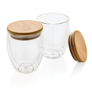 Set de 2 verres double paroi 250ml avec couvercle en bambou Couleur:Transparent