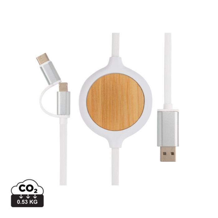 Câble 3 en 1 avec chargeur sans fil en Bambou 5W Couleur:Blanc