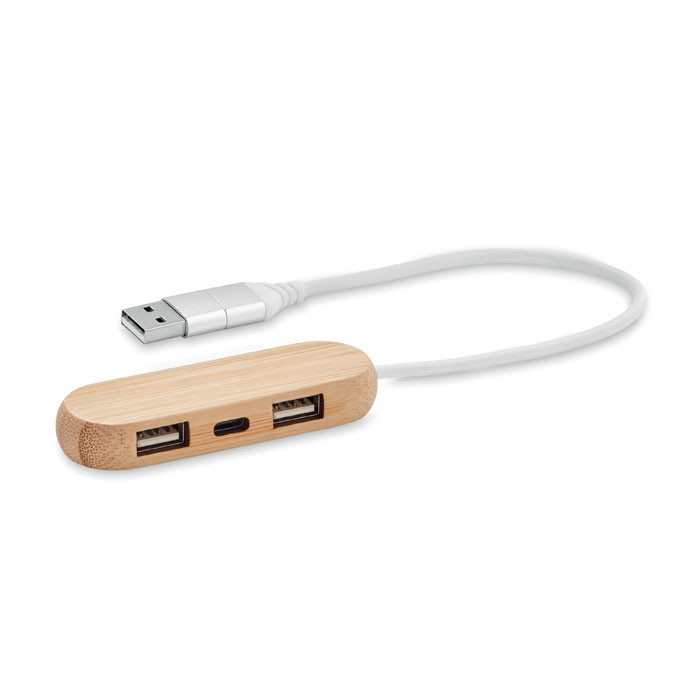 3 port USB hub with dual input  Couleur:Bois