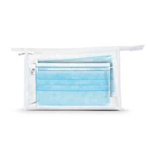 KIT TROUSSE ZIPPEE TRANSPARENTE AVEC 2 MASQUES CHIRURGICAUX TYPE I Couleur:Blanc